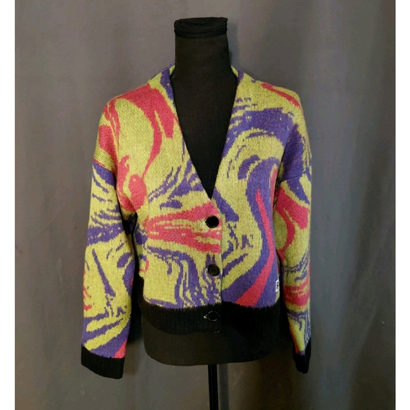 The Ragged Priest Jitters Cropped Oversized Abstract Marble Knit Cardigan Sz XS - Picture 12 of 12
